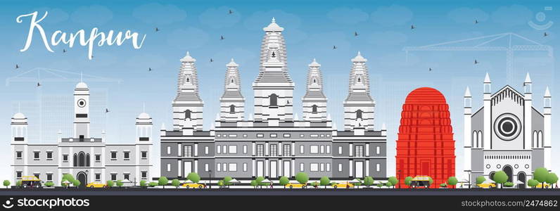 Kanpur Skyline with Gray Buildings and Blue Sky. Vector Illustration. Business Travel and Tourism Concept with Historic Architecture. Image for Presentation Banner Placard and Web Site