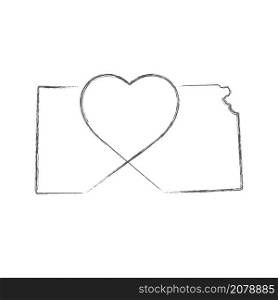 Kansas US state hand drawn pencil sketch outline map with heart shape. Continuous line drawing of patriotic home sign. A love for a small homeland. T-shirt print idea. Vector illustration.. Kansas US state hand drawn pencil sketch outline map with the handwritten heart shape. Vector illustration
