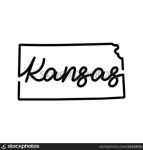 Kansas US state outline map with the handwritten state name. Continuous line drawing of patriotic home sign. A love for a small homeland. T-shirt print idea. Vector illustration.. Kansas US state outline map with the handwritten state name. Continuous line drawing of patriotic home sign