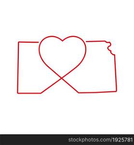 Kansas US state red outline map with the handwritten heart shape. Continuous line drawing of patriotic home sign. A love for a small homeland. T-shirt print idea. Vector illustration.. Kansas US state red outline map with the handwritten heart shape. Vector illustration