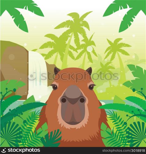 Kapibara on the Jungle Background. Flat Vector image of the Kapibara on the Jungle Background