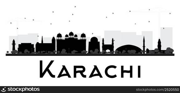 Karachi City skyline black and white silhouette. Vector illustration. Simple flat concept for tourism presentation, banner, placard or web site. Business travel concept. Cityscape with landmarks
