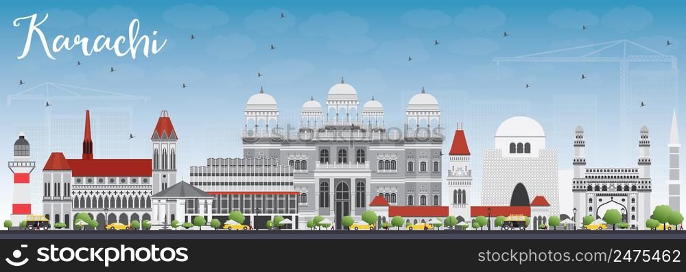 Karachi Skyline with Gray Landmarks and Blue Sky. Vector Illustration. Business Travel and Tourism Concept with Historic Buildings. Image for Presentation Banner Placard and Web Site.