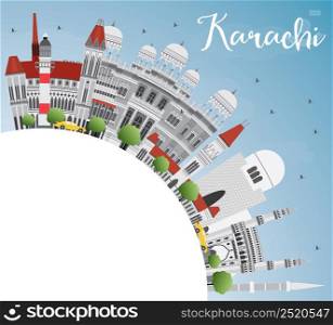 Karachi Skyline with Gray Landmarks, Blue Sky and Copy Space. Vector Illustration. Business Travel and Tourism Concept with Historic Buildings. Image for Presentation Banner Placard and Web Site.