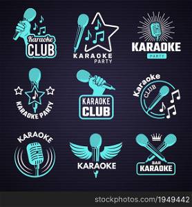 Karaoke badges. Emblem for music studio microphone radio vinyl symbols recent vector logos. Karaoke microphone badge, entertainment logo illustration. Karaoke badges. Emblem for music studio microphone radio vinyl symbols recent vector logos