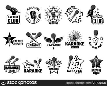 Karaoke event. Music party symbols emblems with microphone singers concept logos record studio recent vector pictures. Illustration karaoke music logo, sound label karaoke. Karaoke event. Music party symbols emblems with microphone singers concept logos record studio recent vector pictures