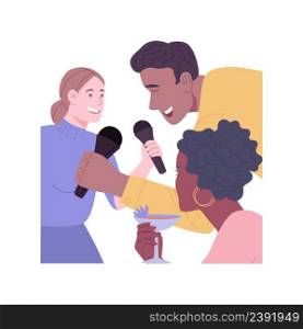 Karaoke night isolated cartoon vector illustrations. Young people sing karaoke together, holding microphone in hands, nighttime events, entertainment with friends, leisure time vector cartoon.. Karaoke night isolated cartoon vector illustrations.