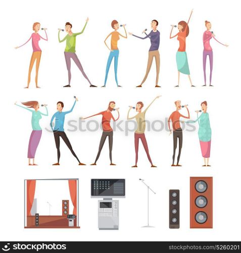 Karaoke Party Elements Set. Karaoke party isolated icon set with full length singing people characters acoustics microphones tv and furniture vector illustration