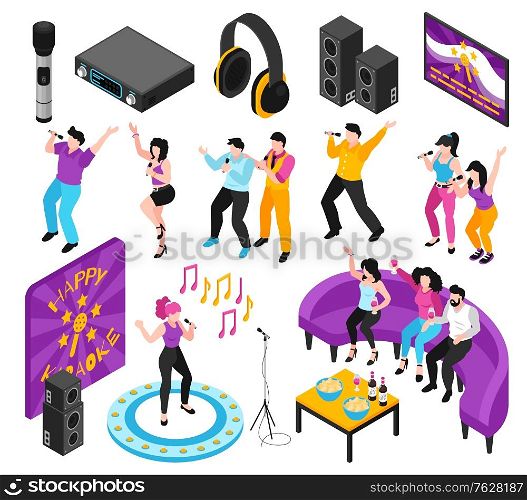 Karaoke party interactive entertainment isometric set with people singing along recorded music loudspeakers video screen vector illustration
