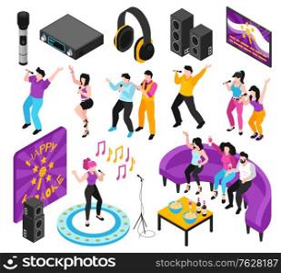Karaoke party interactive entertainment isometric set with people singing along recorded music loudspeakers video screen vector illustration