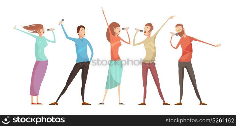 Karaoke Party People Set. Set of five isolated male and female young people characters gesticulating and singing karaoke party songs vector illustration