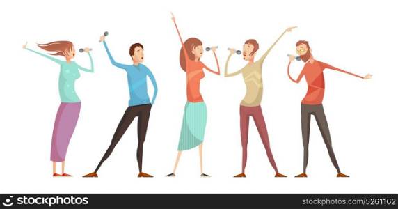 Karaoke Party People Set. Set of five isolated male and female young people characters gesticulating and singing karaoke party songs vector illustration