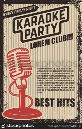 karaoke party poster. Vintage microphone on grunge background. Design element for poster, flyer. Vector illustration