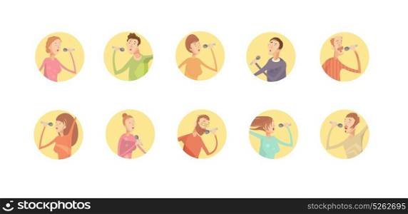 Karaoke Round Icon Set. Set of ten round isolated karaoke party icons with inscribed young singing men and women characters vector illustration