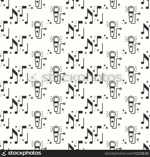 Karaoke seamless pattern. Microphone and notes icon. Party celebration decor elements. Vector illustration. Background. Black and white graphic texture for your design. Print. Karaoke seamless pattern. Microphone and notes icon. Party celebration decor elements. Vector illustration. Background. Black and white graphic texture for your design. Print.