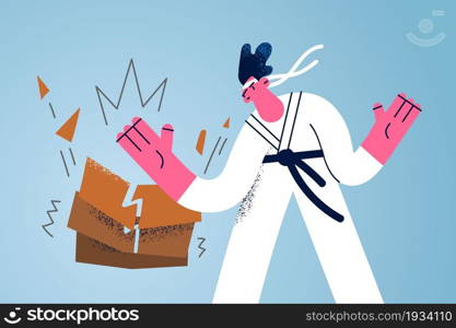Karate art and Oriental fights concept. Young man in white kimono standing making push with hand breaking woods feeling strong confident vector illustration . Karate art and Oriental fights concept.