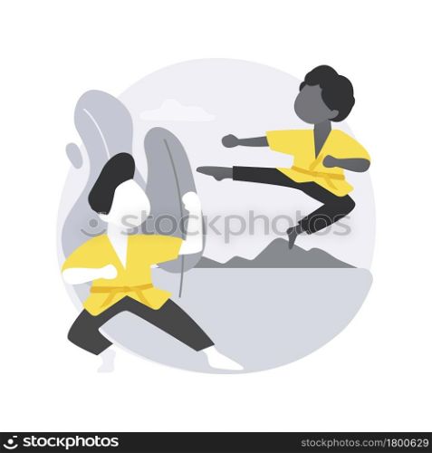 Karate camp abstract concept vector illustration. Karate summer camp, vacation program, holiday activity, kids club, fighting sport section, martial arts children competition abstract metaphor.. Karate camp abstract concept vector illustration.