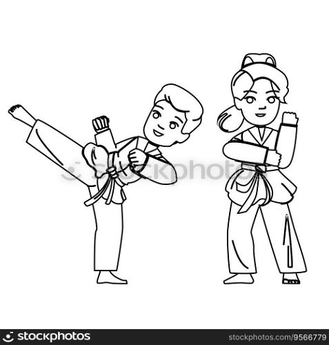 karate kid vector. belt attack, boy activity, black kick, martial judo, arts athlete karate kid character. people black line illustration. karate kid vector