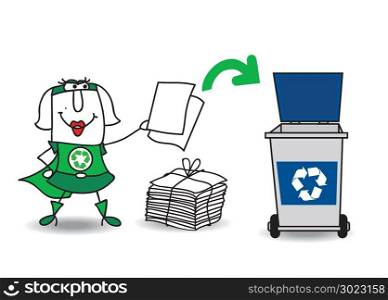 Karen, the super green women recycles paper and carton in a specific trash