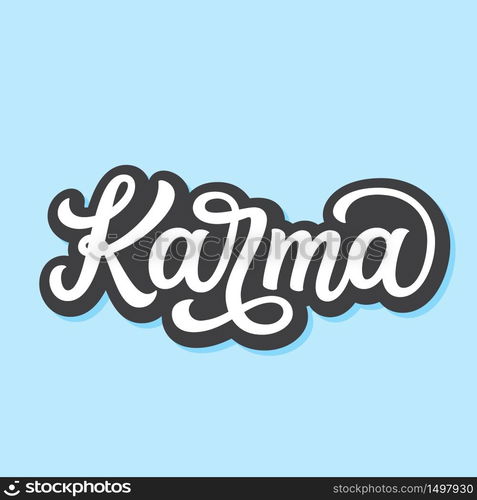 Karma. Hand drawn inscription isolated on blue background. Vector typography for yoga studio decorations, clothes, t shirts, posters, cards, stickers