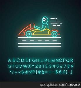 Kart racing neon light icon. Man in karting vehicle on track. Open-wheel motorsport. Recreational go-karting. Glowing sign with alphabet, numbers and symbols. Vector isolated illustration