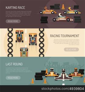 Karting Motor Race Banners. Three horizontal motor race banners presenting karting tournament flat isolated vector illustration