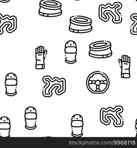 Karting Motorsport Seamless Pattern Vector Thin Line. Illustrations. Karting Motorsport Seamless Pattern Vector