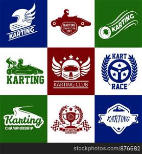Karting or kart racing vector logo templates for sport car races of driver in helmet and winner wings of champion cup with finish flag. Karting or kart car racing vector icons