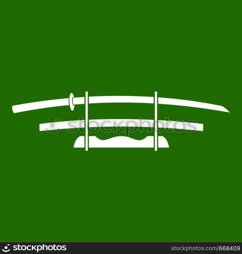 Katana, Japanese sword icon white isolated on green background. Vector illustration. Katana, Japanese sword icon green