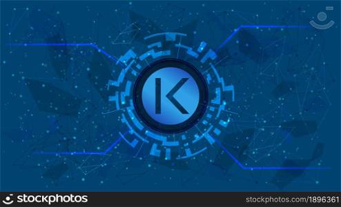 KAVA token symbol of the DeFi project in a digital circle with a cryptocurrency theme on a blue background. Cryptocurrency icon. Decentralized finance programs. Copy space. Vector EPS10.