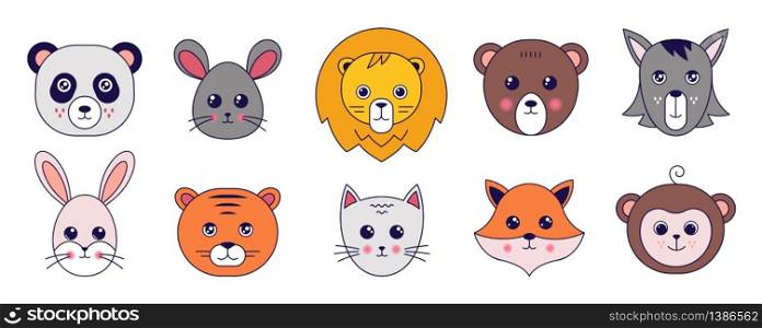 Kawaii animals. Cute doodle cat tiger panda mouse and other pets avatars with funny emoji faces. Vector cartoon illustration animal heads set of bear, fox, monkey. Kawaii animals. Cute doodle cat tiger panda mouse and other pets avatars with funny emoji faces. Vector cartoon animal heads set of bear, fox, monkey
