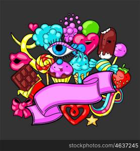 Kawaii background with sweets and candies. Crazy sweet-stuff in cartoon style. Kawaii background with sweets and candies. Crazy sweet-stuff in cartoon style.