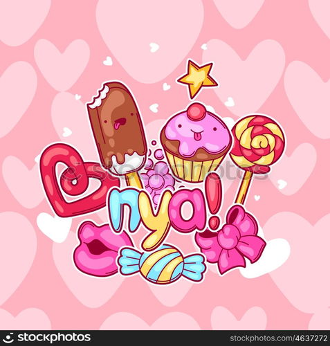 Kawaii background with sweets and candies. Crazy sweet-stuff in cartoon style. Kawaii background with sweets and candies. Crazy sweet-stuff in cartoon style.