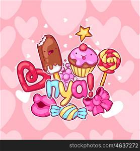Kawaii background with sweets and candies. Crazy sweet-stuff in cartoon style. Kawaii background with sweets and candies. Crazy sweet-stuff in cartoon style.