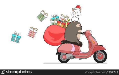 Kawaii bear is riding red motorcycle with cat and gifts