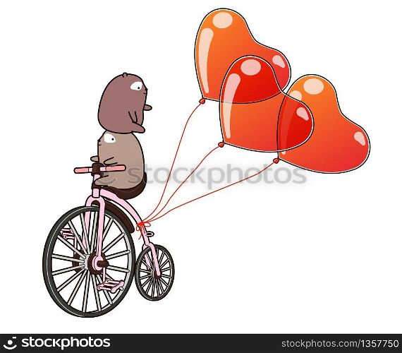 Kawaii bears are riding bicycle with heart balloons