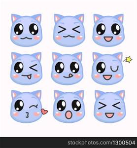 Kawaii blue cats emoji. Funny and cute cats. Vector cute kittens cat. Different expressions mugs kitties in the flat style. Angry, cheerful, joyful, happy, sick, love, suspicious, playful, laugh. Kawaii blue cats emoji. Funny and cute cats. Vector cute kittens cat.