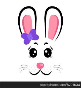 Kawaii Bunny face with purple bow. Vector illustration. Rabbit symbol of 2023 year. Design for Easter, New year . Kawaii Bunny face with purple bow.Rabbit symbol of 20233 year.Vector illustration 