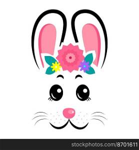 Kawaii bunny masks with pink ears and flowers on white isolated background. Kawaii bunny masks with pink ears and flowers