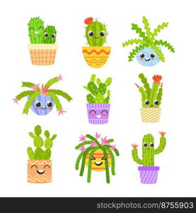 Kawaii cacti in pots. Cute cactus plant characters, funny flowerpot with glasses, happy smile face mexican succulent, doodle child kid tropical plants thorn flower set exact vector illustration. Kawaii cacti in pots. Cute cactus plant characters, funny flowerpot with glasses, happy smile face mexican succulent, doodle child kid