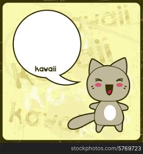 Kawaii card with cute cat on the grunge background.