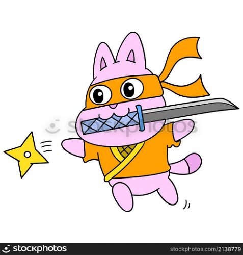 kawaii cartoon ninja bunny carrying a sword and throwing a shuriken