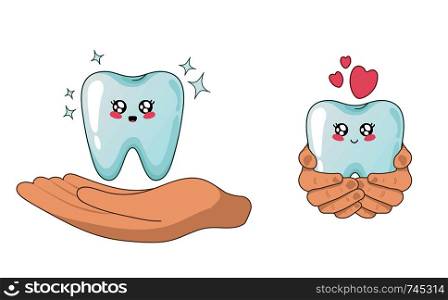 Kawaii cartoon tooth and peaple hands - dental care and protection concept, cute characters - healthy teeth, dentistry. Vector flat illustration . kawaii dental care