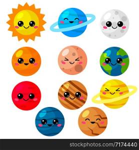 Kawaii cartoon vector set of planets. Cute solar system for kids. Planets, sun and moon with funny faces.
