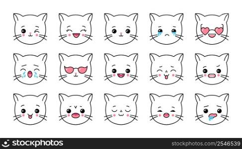 Kawaii cat emoji. Cute expression kitten head emoticon. Cartoon comic wonderful japanese characters. Anime crying or cheerful emoji, avatar and profile image. Vector outline kitty face mascote set. Kawaii cat emoji. Cute expression kitten head emoticon. Cartoon comic wonderful japanese characters. Anime crying or cheerful emoji, avatar or profile. Vector outline kitty face mascote set