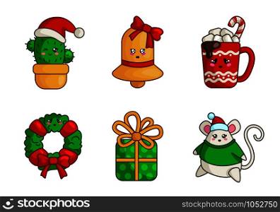 Kawaii Christmas characters and objects - set of cute cactus, gold bell, gift box, fat mouse, cup of hot drink, wreath, New year decorations - isolated colored icons on white, vector . vector kawaii Christmas collection