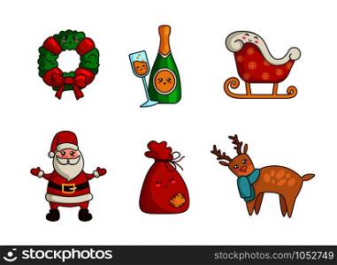 Kawaii Christmas characters and objects - set of cute cactus, reindeer, gift bag, wreath, santa sleigh, wreath, bottle and glass champagne, New year decorations - isolated colored icons on white, vector . vector kawaii Christmas collection