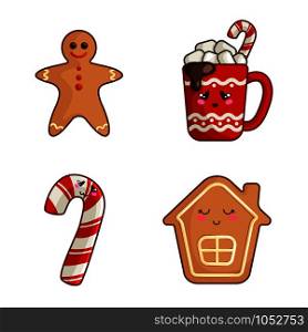 Kawaii Christmas characters and objects, set of cute food - cup of hot drink or beverage, candy cane, gingerbread man and house, New year tradition desserts - isolated colored icons on white, vector . vector kawaii Christmas collection