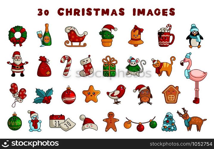 Kawaii Christmas characters and things - big set of new year decorations - Santa Claus, calendar, gift box, Christmas tree, gingerbread, wreath, holly, reindeer, garland, sleigh, bell - isolated objects on white, vector . vector kawaii Christmas collection