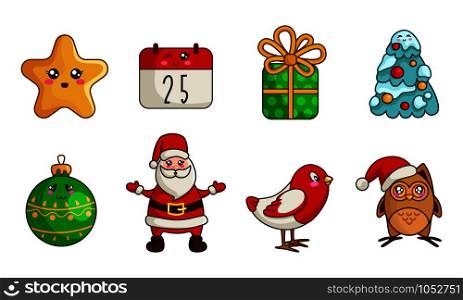 Kawaii Christmas characters and things - set of new year decorations, cute owl, bird, Santa Claus, calendar, gift box, Christmas tree with snow and balls - isolated objects on white, vector . vector kawaii Christmas collection
